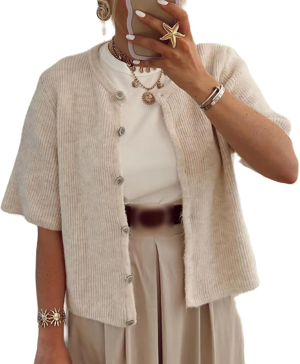 KMBANGI Women Knitted Cropped Blouse Short Sleeve Button Knit Shirt Crop Cardigan Y2k Open Front Knitwear Tops Dressy