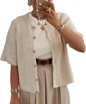 KMBANGI Women Knitted Cropped Blouse Short Sleeve Button Knit Shirt Crop Cardigan Y2k Open Front Knitwear Tops Dressy