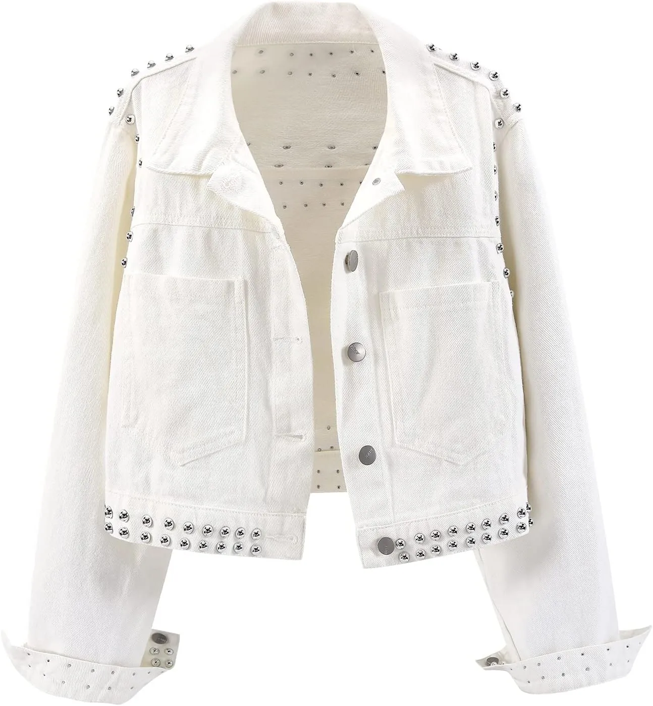 LifeShe Women Studded Denim Jacket Lapal Button Down Cropped Jean Jacket with Pocket