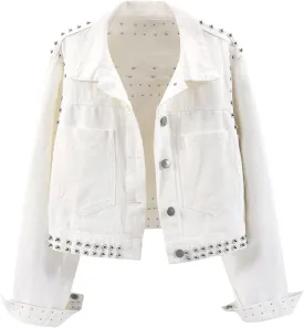 LifeShe Women Studded Denim Jacket Lapal Button Down Cropped Jean Jacket with Pocket