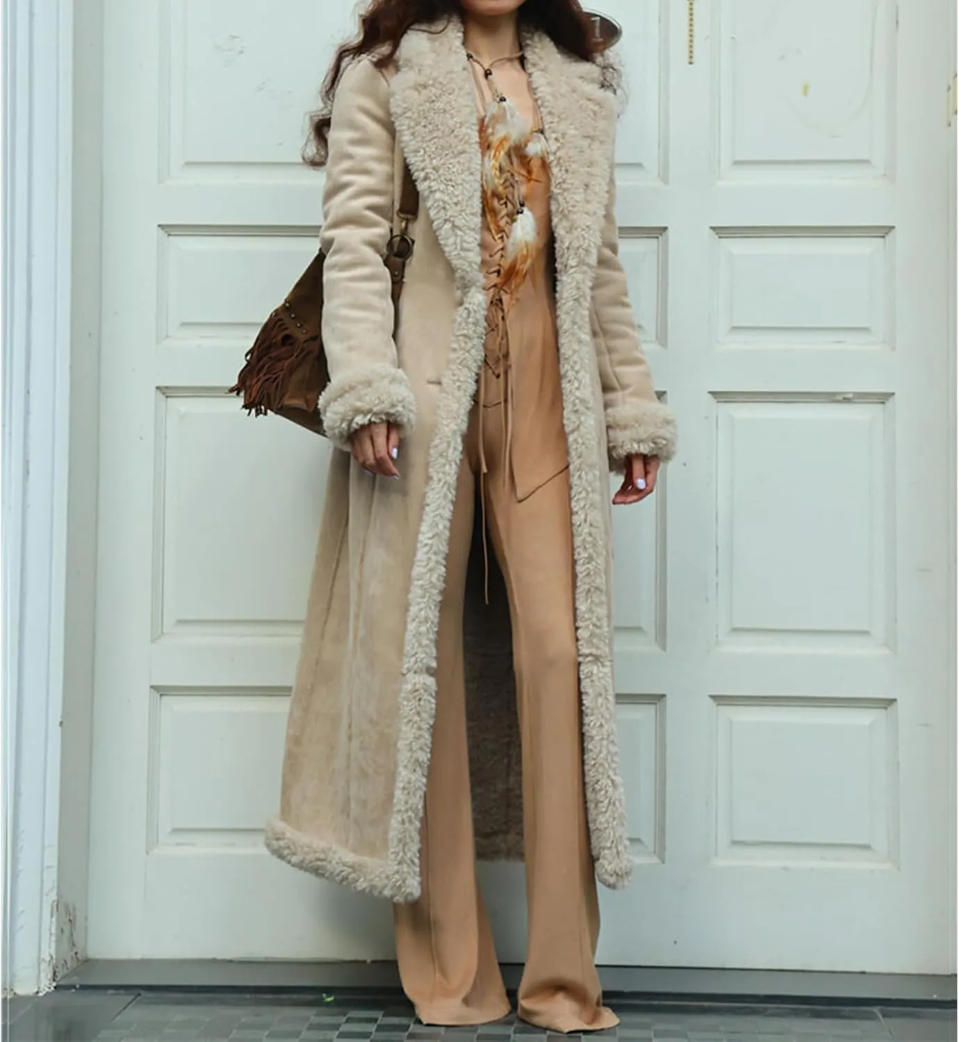 Long Jackets for Women Trendy Winter Open Front Cardigan Faux Fur Warm Trim Parka Outwear Casual Loose with Pockets