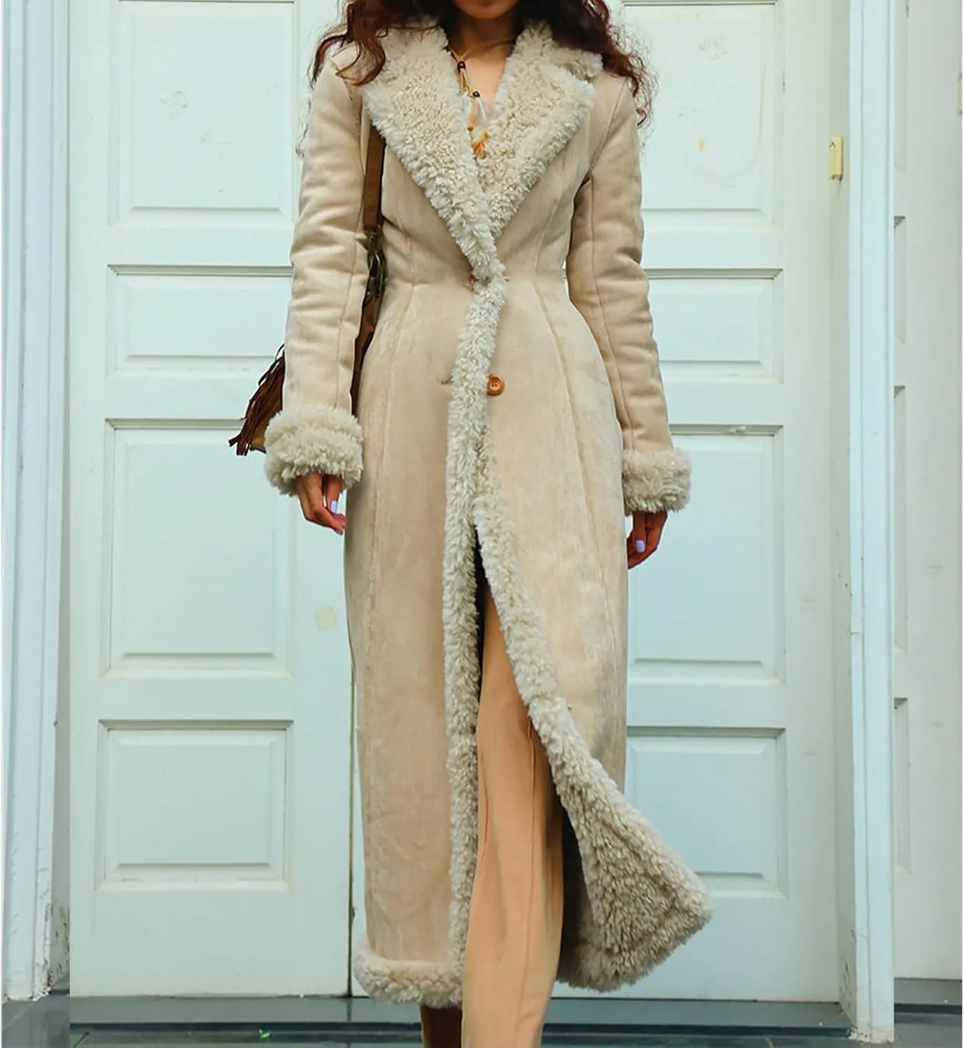 Long Jackets for Women Trendy Winter Open Front Cardigan Faux Fur Warm Trim Parka Outwear Casual Loose with Pockets