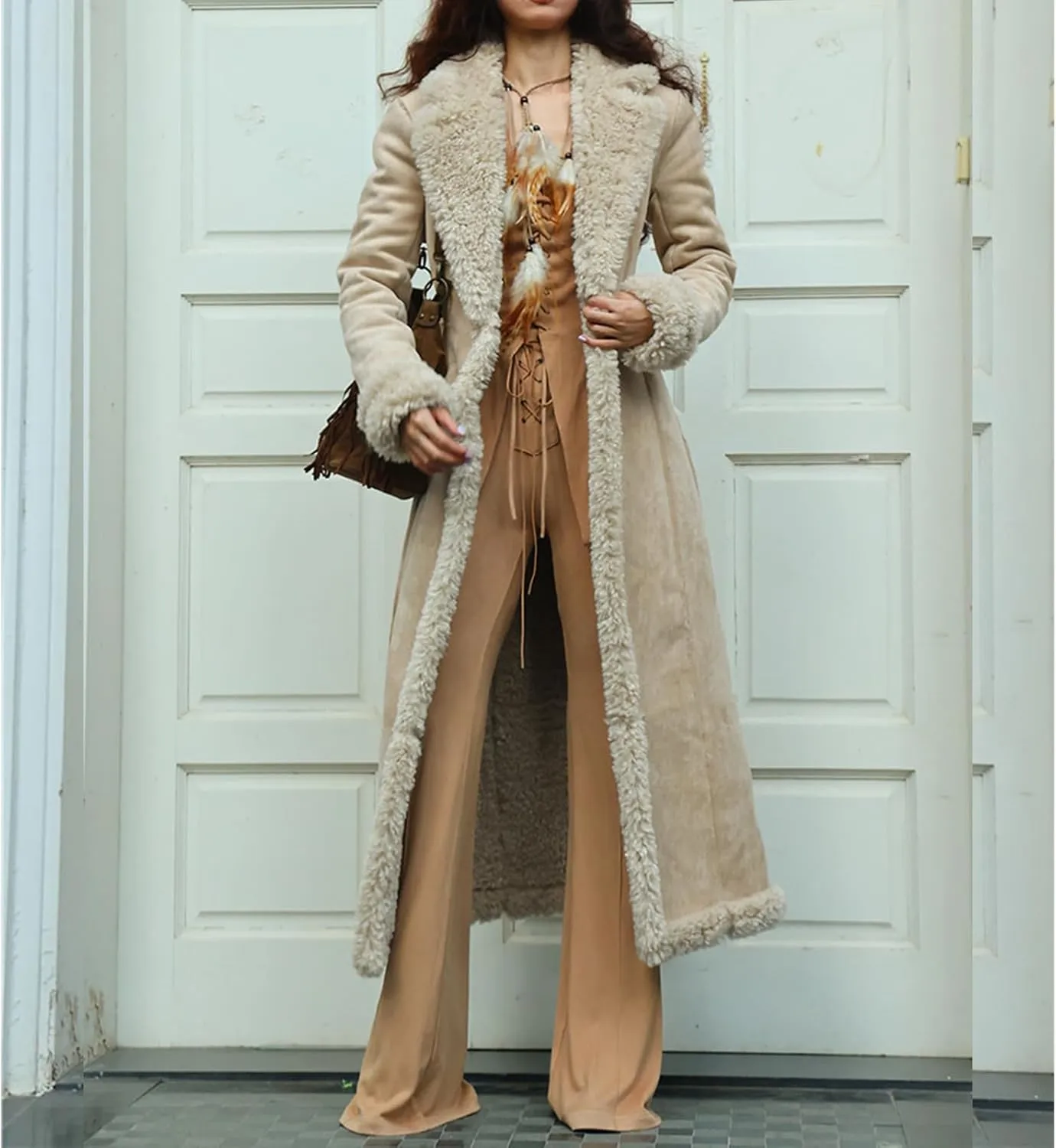 Long Jackets for Women Trendy Winter Open Front Cardigan Faux Fur Warm Trim Parka Outwear Casual Loose with Pockets