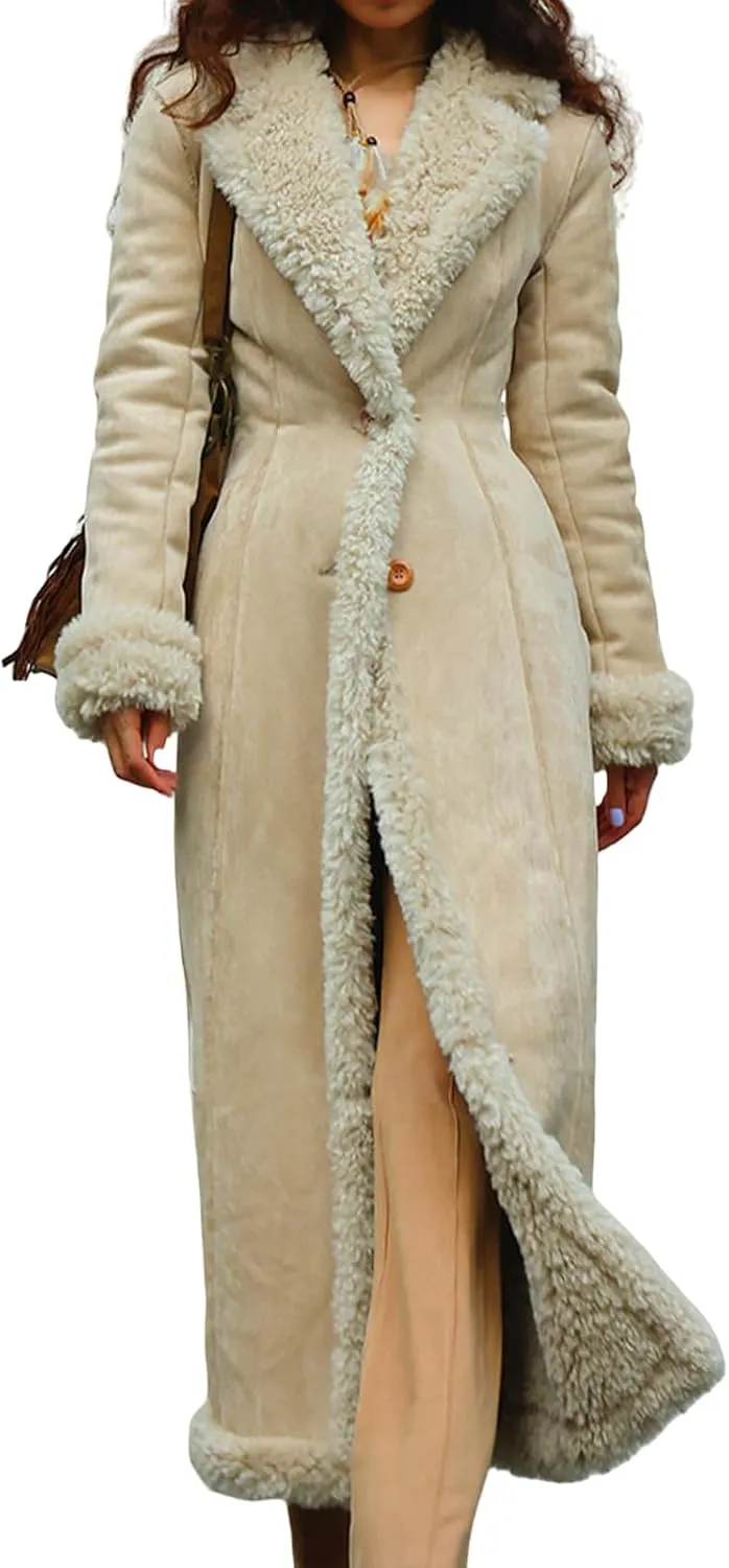 Long Jackets for Women Trendy Winter Open Front Cardigan Faux Fur Warm Trim Parka Outwear Casual Loose with Pockets