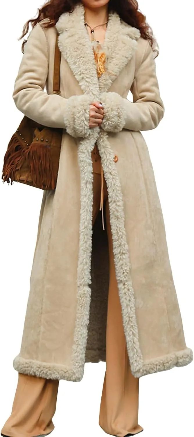 Long Jackets for Women Trendy Winter Open Front Cardigan Faux Fur Warm Trim Parka Outwear Casual Loose with Pockets
