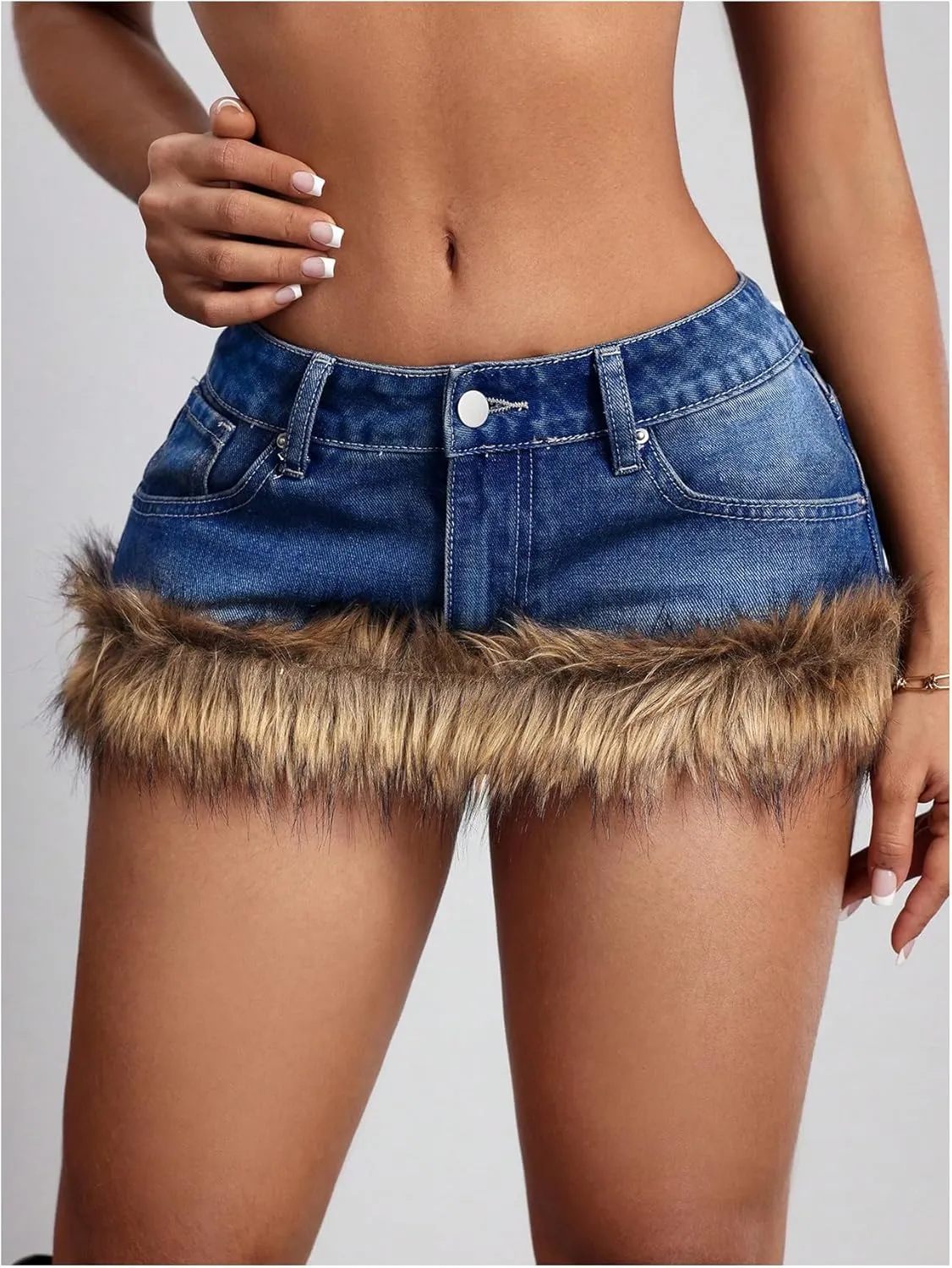MakeMeChic Women's Y2K Summer Mini Jean Skirt Fuzzy Short Bodycon Denim Skirts with Pocket