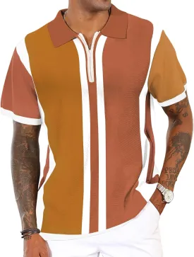 Men's Fashion Knit Polo Shirts Vintage Striped Knitting Shirts Ribbed Slim Fit Golf Shirts