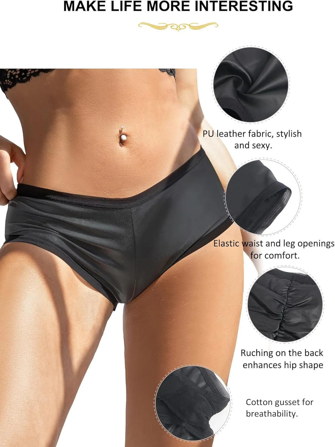 ohyeahlady Womens Stretch Faux Leather Underwear Low Rise Shiny Bikini Shorts Clubwear Dancing Festival Rave Bottoms