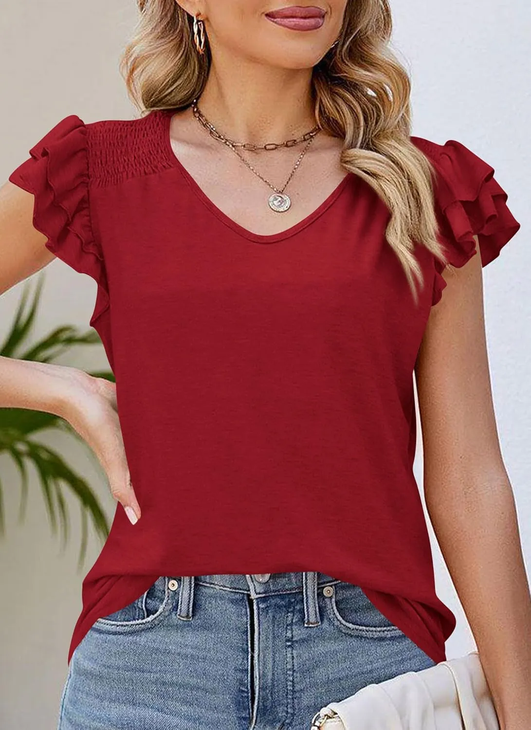 PRETTYGARDEN Summer Tops for Women 2025 Spring Trendy Fashion Clothes Casual Ruffle V Neck Short Sleeve Shirts Blouses