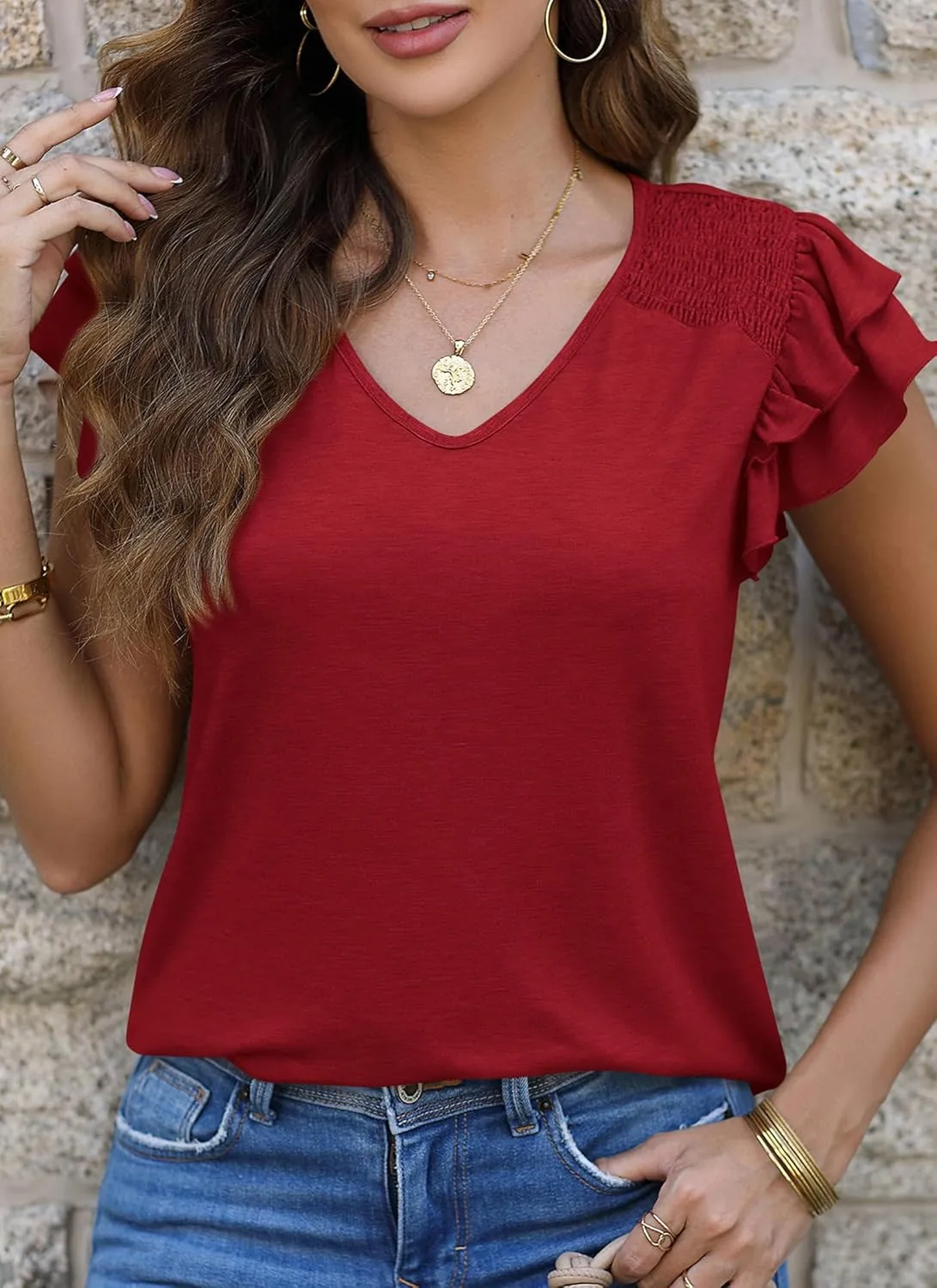 PRETTYGARDEN Summer Tops for Women 2025 Spring Trendy Fashion Clothes Casual Ruffle V Neck Short Sleeve Shirts Blouses