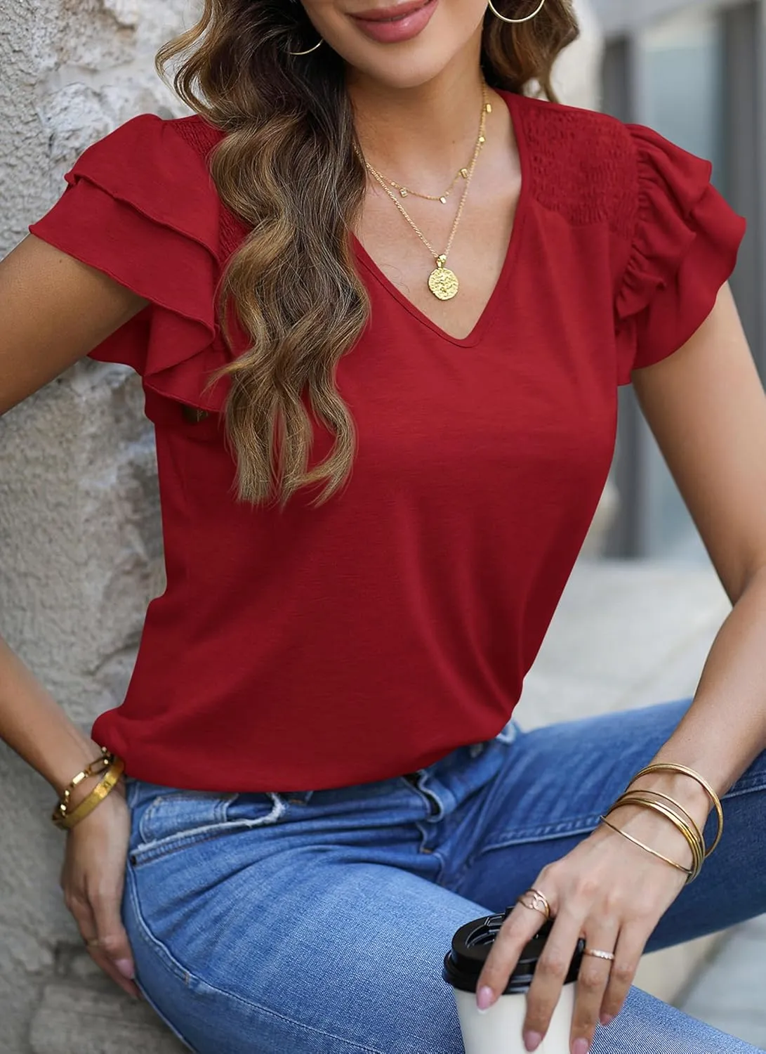 PRETTYGARDEN Summer Tops for Women 2025 Spring Trendy Fashion Clothes Casual Ruffle V Neck Short Sleeve Shirts Blouses