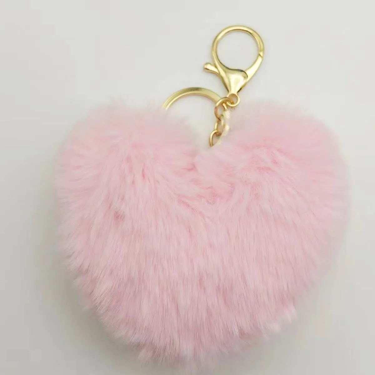 Soft Fluffy Faux Rabbit Fur Pompoms Keyring Car Key Heart Plush Keychain for Women Pendant Accessories