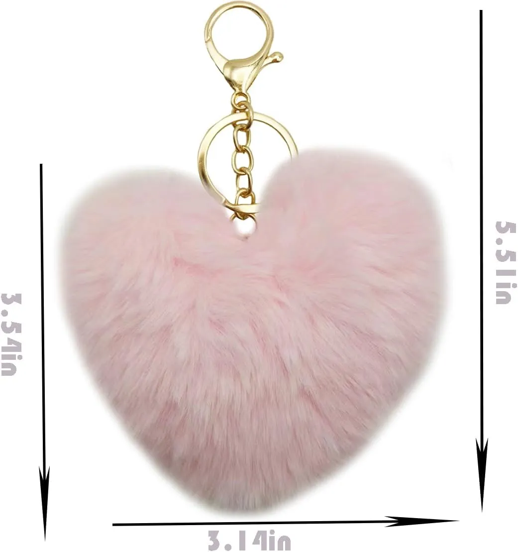 Soft Fluffy Faux Rabbit Fur Pompoms Keyring Car Key Heart Plush Keychain for Women Pendant Accessories