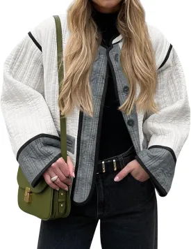 Tankaneo Womens Cropped Quilted Jacket Color Block Lightweight Button Down Coats Fall Casual Puffer Outerwear