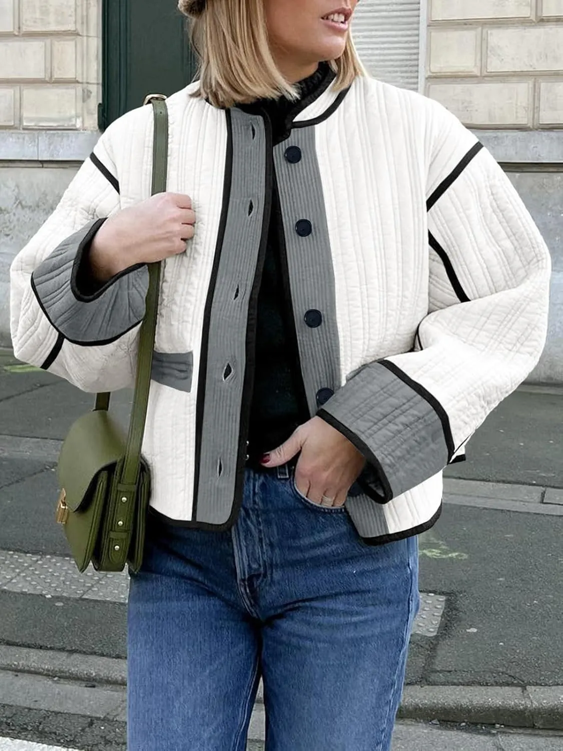 Tankaneo Womens Cropped Quilted Jacket Color Block Lightweight Button Down Coats Fall Casual Puffer Outerwear