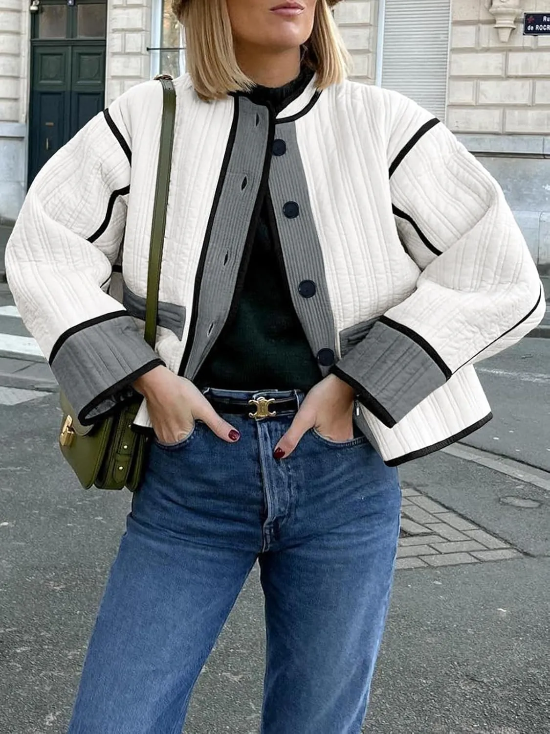 Tankaneo Womens Cropped Quilted Jacket Color Block Lightweight Button Down Coats Fall Casual Puffer Outerwear