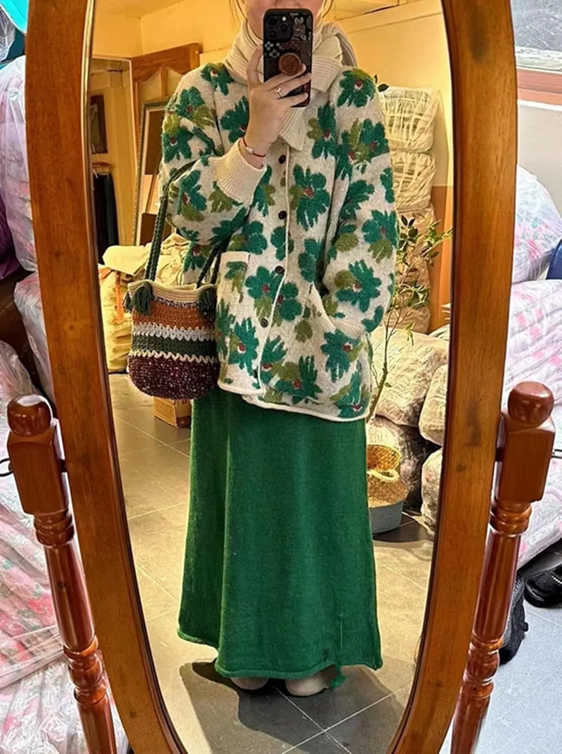Women Flower Fruit Embroidery Sweater Button Down Oversized Cardigan Knitted Long Sleeve Winter Top Knitwear