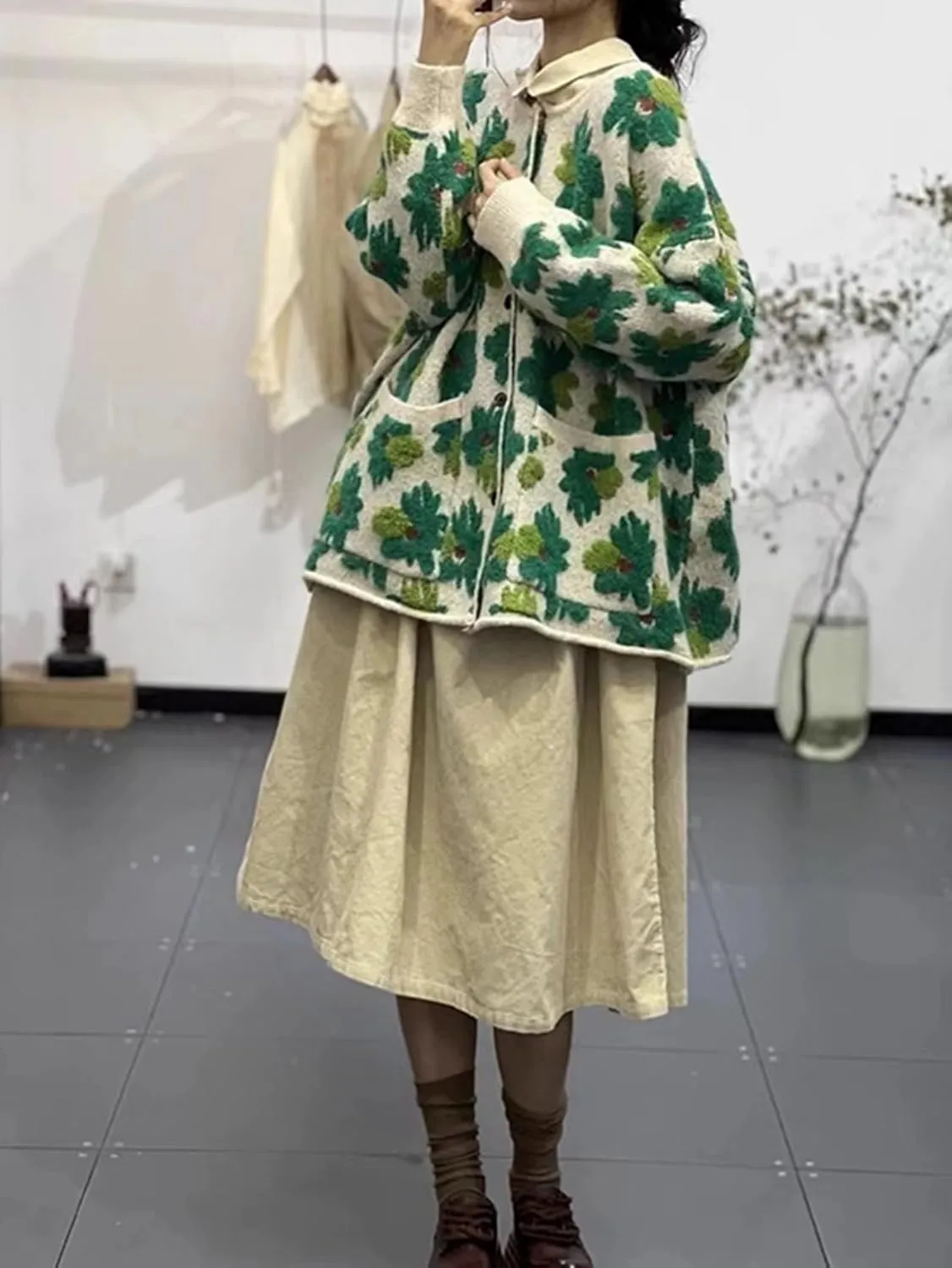 Women Flower Fruit Embroidery Sweater Button Down Oversized Cardigan Knitted Long Sleeve Winter Top Knitwear