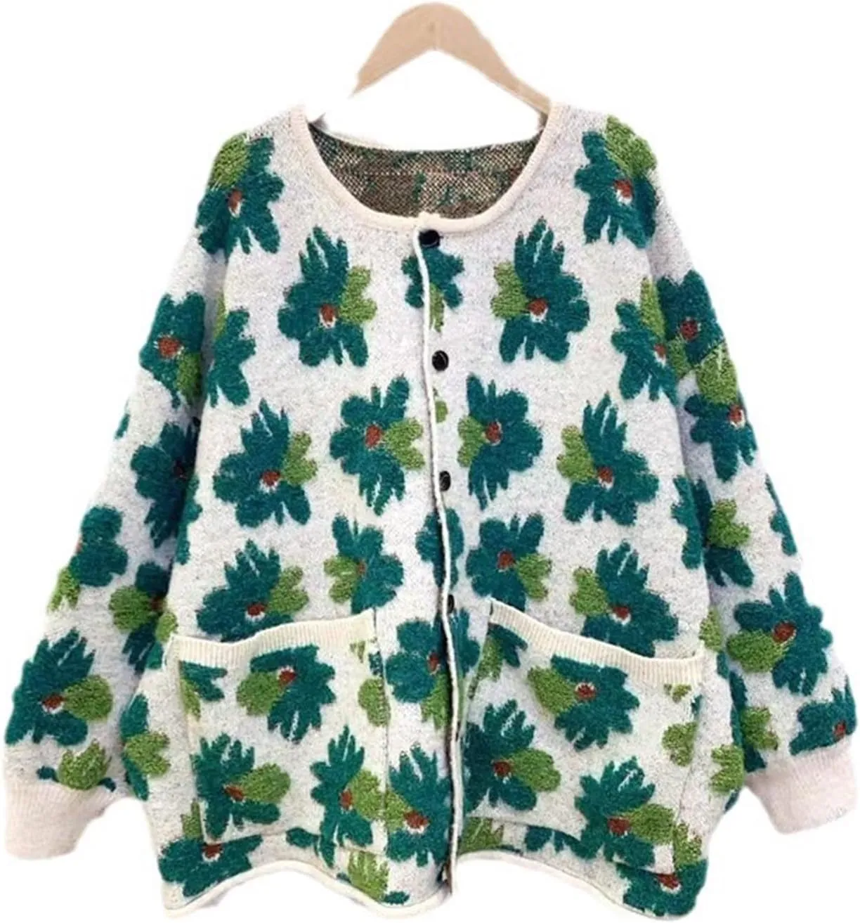 Women Flower Fruit Embroidery Sweater Button Down Oversized Cardigan Knitted Long Sleeve Winter Top Knitwear