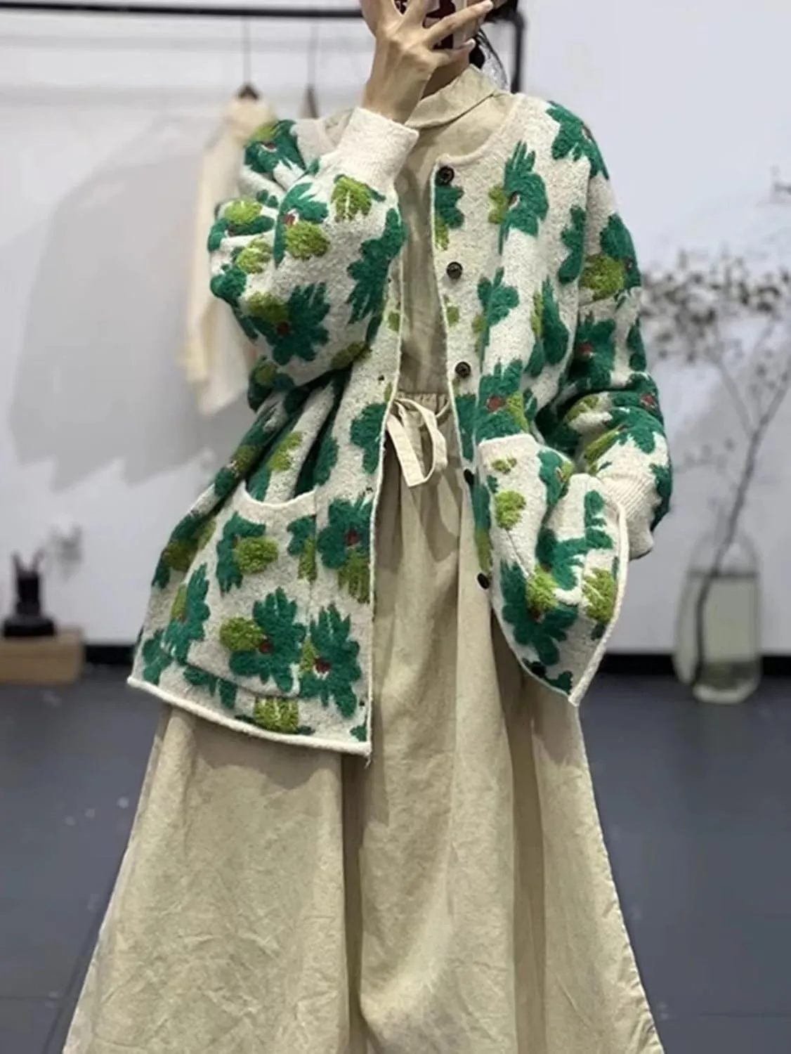 Women Flower Fruit Embroidery Sweater Button Down Oversized Cardigan Knitted Long Sleeve Winter Top Knitwear