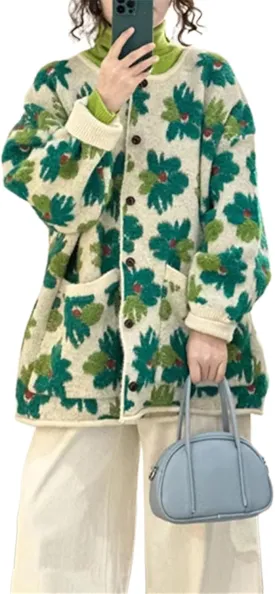 Women Flower Fruit Embroidery Sweater Button Down Oversized Cardigan Knitted Long Sleeve Winter Top Knitwear