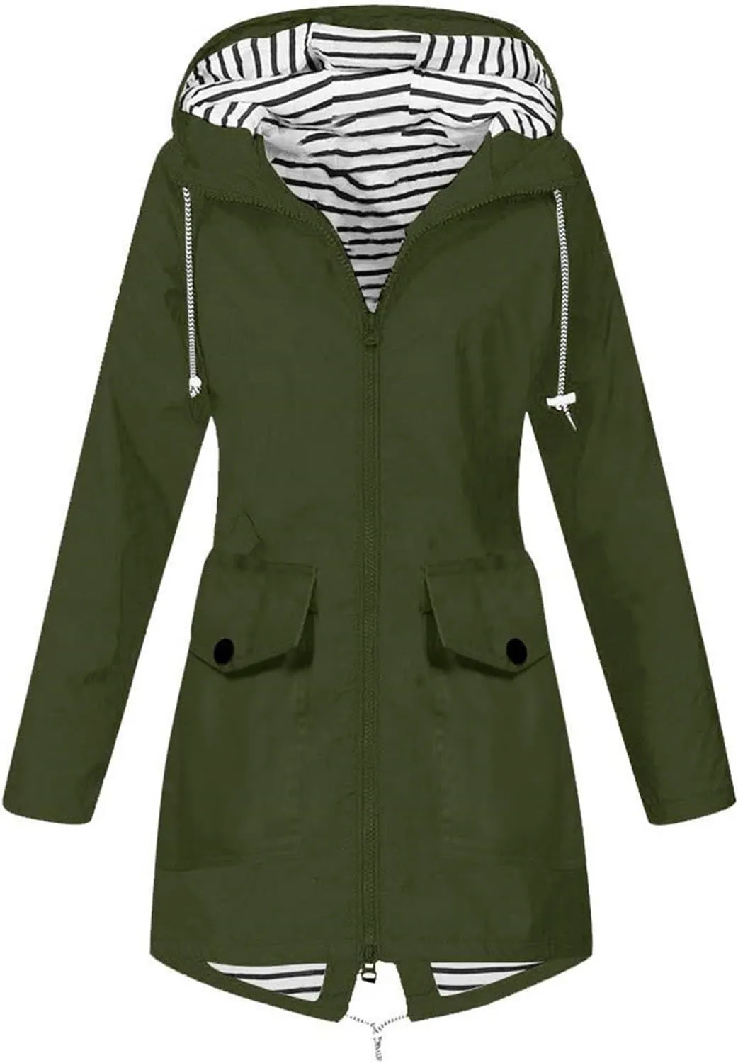 Women Waterproof Jacket Lightweight Long Hooded Raincoat Lined Windbreaker Jacket Zip Up Coat