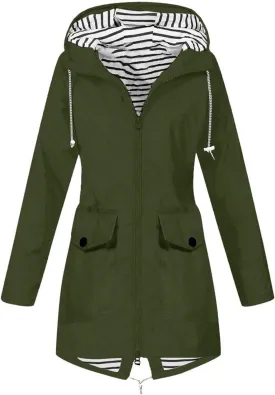Women Waterproof Jacket Lightweight Long Hooded Raincoat Lined Windbreaker Jacket Zip Up Coat