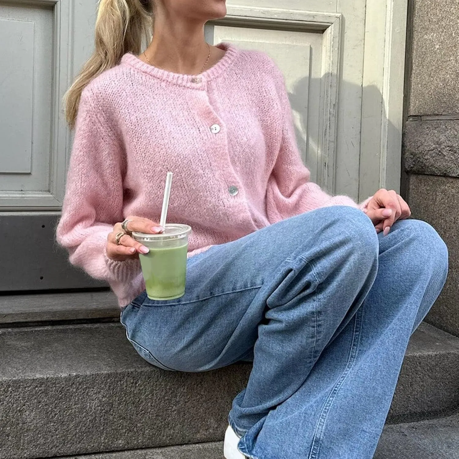 Women Y2k Button up Sweater Casual Lightweight Solid Color Knit Cardigan Cute Long Sleeve Crop Cardigan Fall Knitwear
