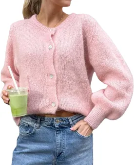 Women Y2k Button up Sweater Casual Lightweight Solid Color Knit Cardigan Cute Long Sleeve Crop Cardigan Fall Knitwear