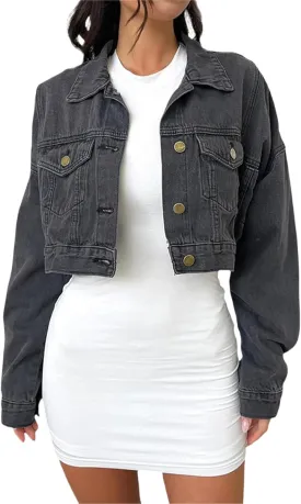 Women's Button Down Jacket Long Sleeve Cropped Top Denim Jeans Coat