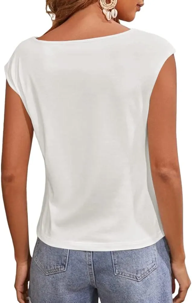 Women's Cap Sleeve Scoop Neck T Shirt Casual Solid Color Basic Tee Shirts Blouses Tank Tops