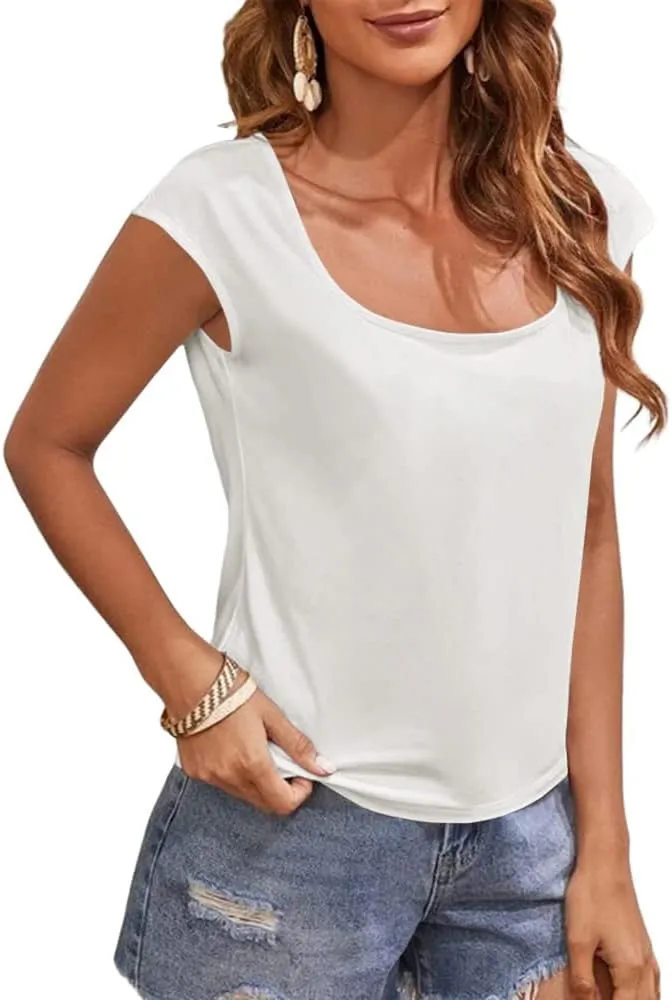 Women's Cap Sleeve Scoop Neck T Shirt Casual Solid Color Basic Tee Shirts Blouses Tank Tops
