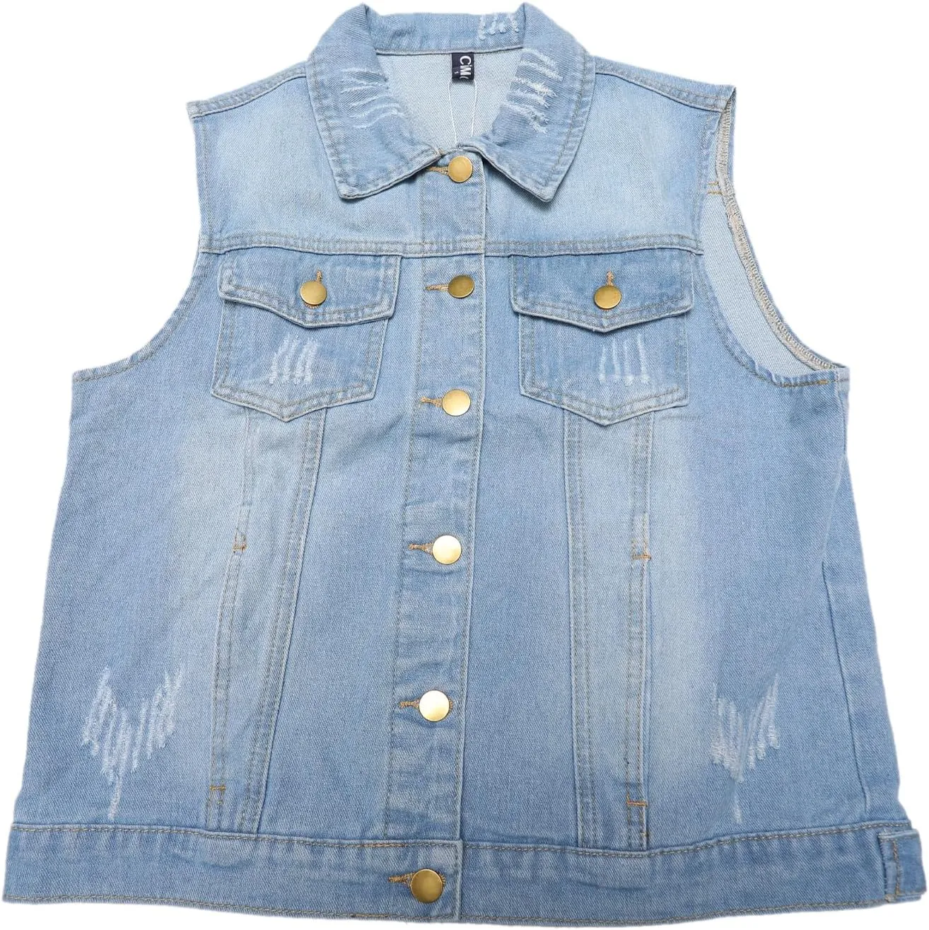 Women's Denim Vest Button Down Jacket W Chest Flap Pockets Washed Distressed Sleeveless Jean Jacket
