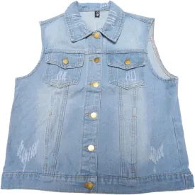 Women's Denim Vest Button Down Jacket W Chest Flap Pockets Washed Distressed Sleeveless Jean Jacket