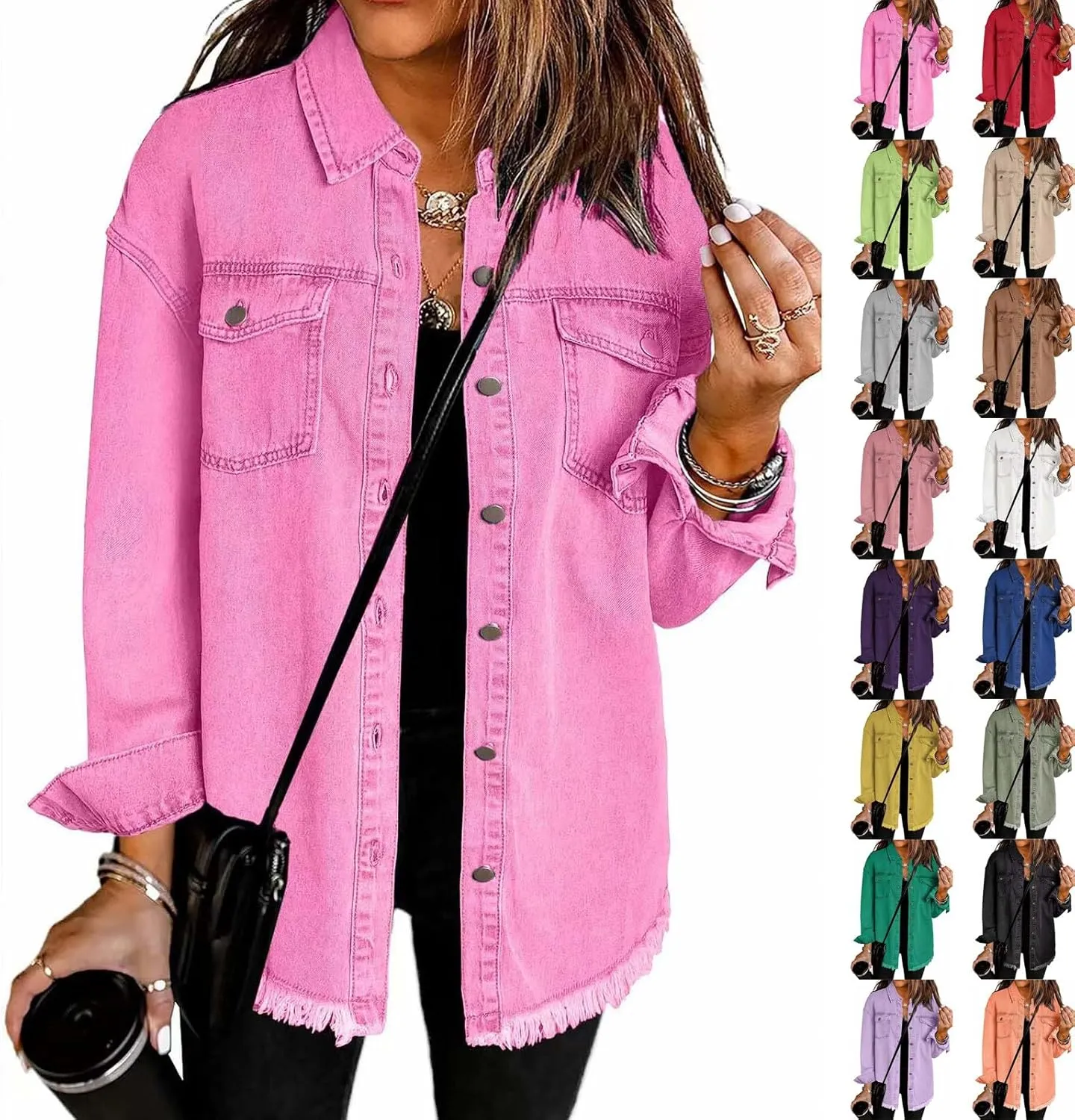 Women's Oversized Denim Jacket Lightweight Casual Long Sleeve Button Shirts Distressed Jean Jacket 2025 Fall Outfits