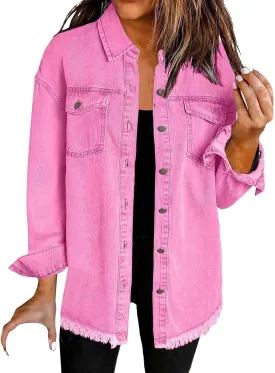 Women's Oversized Denim Jacket Lightweight Casual Long Sleeve Button Shirts Distressed Jean Jacket 2025 Fall Outfits