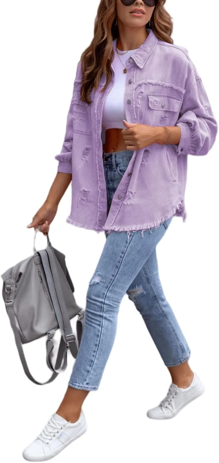 Womens Oversized Ripped Fringe Denim Jacket Casual Long Sleeve Boyfriend Jean Jacket Coat