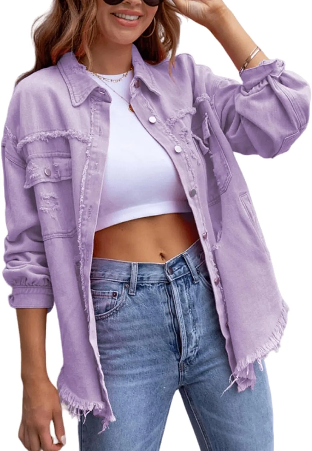 Womens Oversized Ripped Fringe Denim Jacket Casual Long Sleeve Boyfriend Jean Jacket Coat