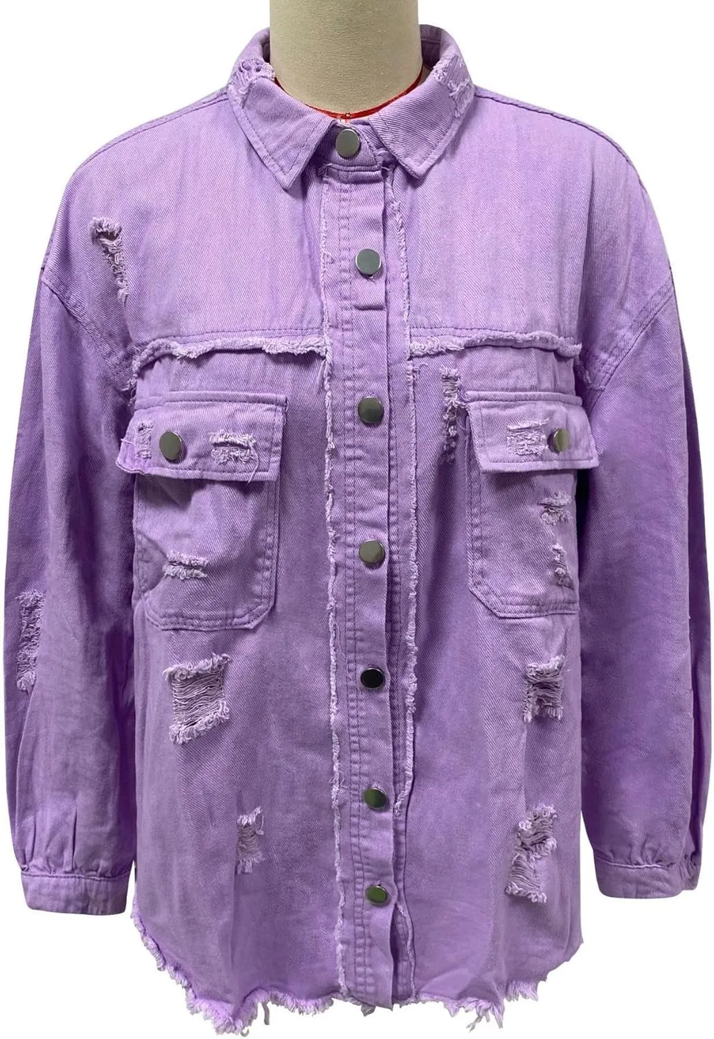 Womens Oversized Ripped Fringe Denim Jacket Casual Long Sleeve Boyfriend Jean Jacket Coat