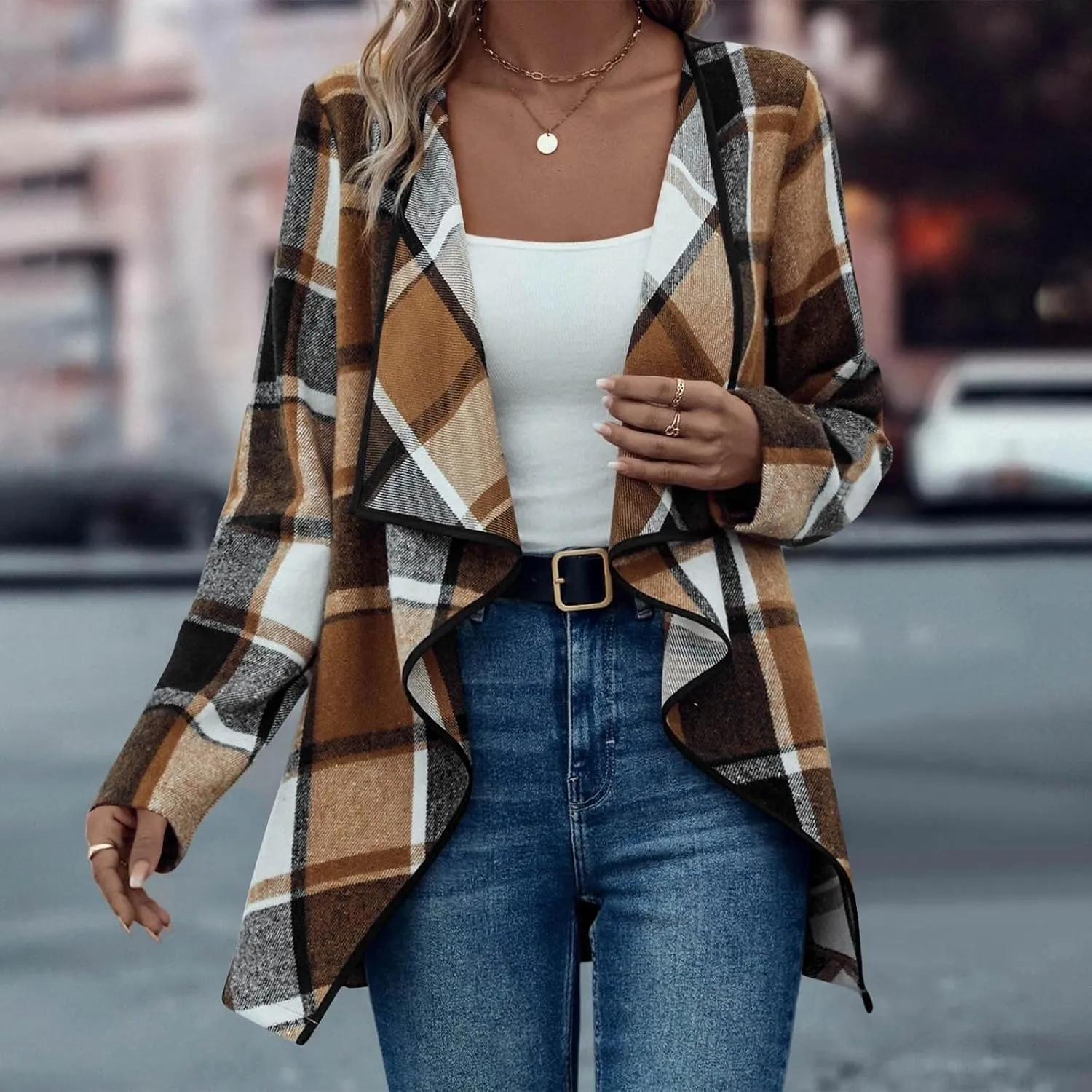 Womens Plaid Shawl Collar Cardigan Sweaters Long Open Front Flannel Jacket Buffalo Plaid Shacket Fashion Fall Outfits