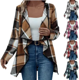 Womens Plaid Shawl Collar Cardigan Sweaters Long Open Front Flannel Jacket Buffalo Plaid Shacket Fashion Fall Outfits