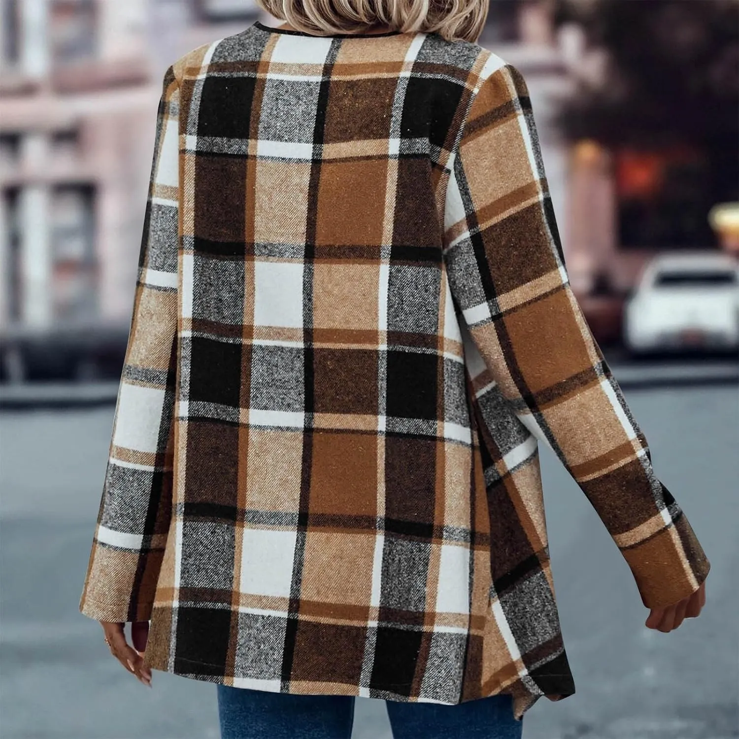 Womens Plaid Shawl Collar Cardigan Sweaters Long Open Front Flannel Jacket Buffalo Plaid Shacket Fashion Fall Outfits