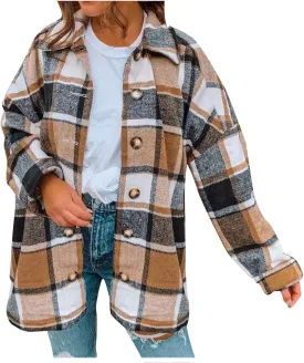 Women's Plus Size Flannel Plaid Shacket Jacket Button Down Long Sleeve Casual Coat Wool Blend Corduroy Coat