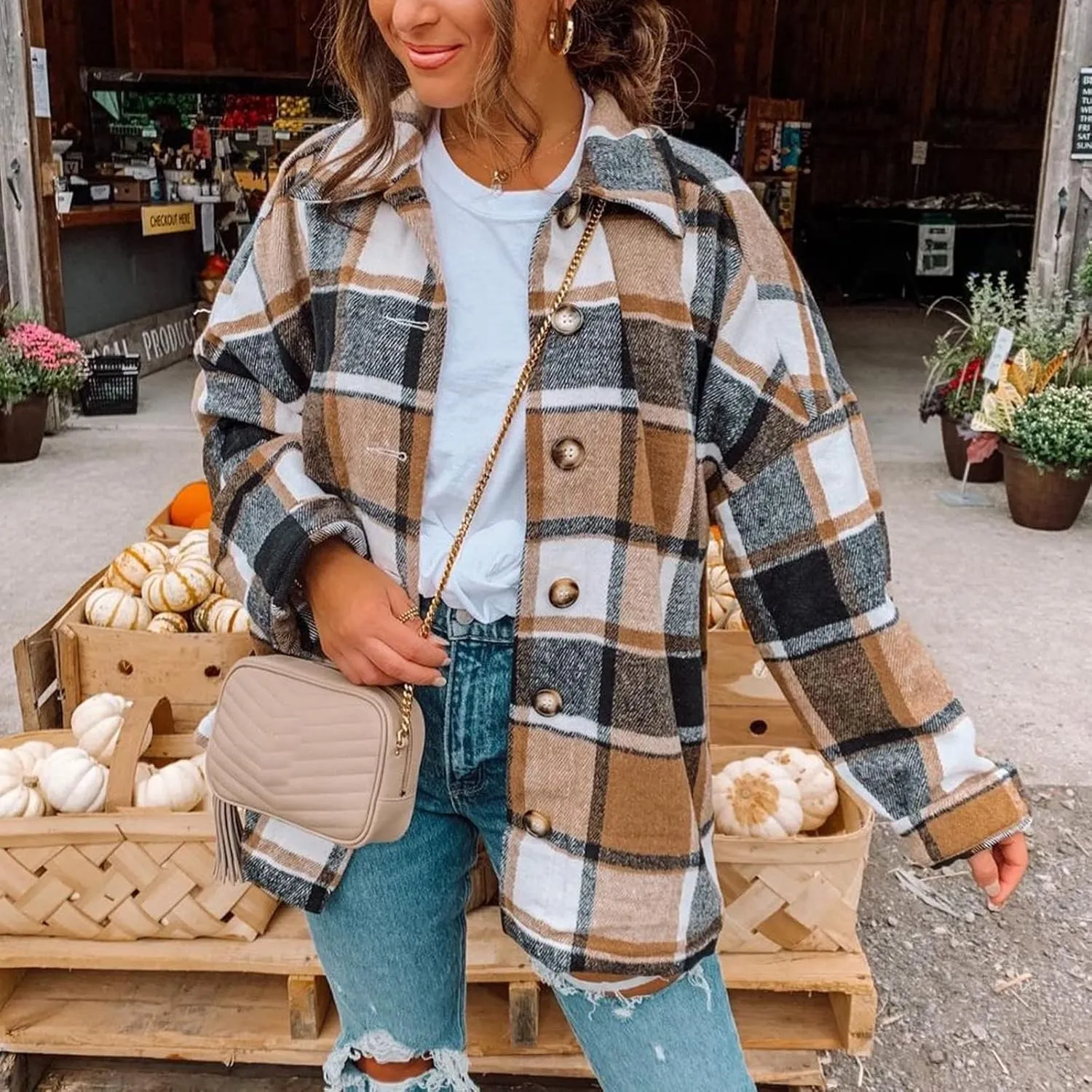Women's Plus Size Flannel Plaid Shacket Jacket Button Down Long Sleeve Casual Coat Wool Blend Corduroy Coat