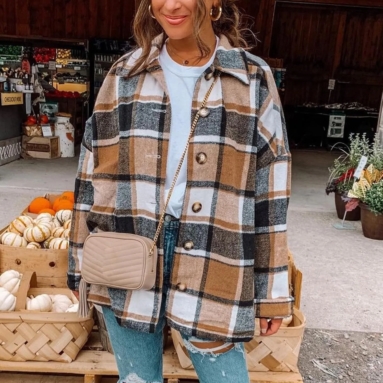 Women's Plus Size Flannel Plaid Shacket Jacket Button Down Long Sleeve Casual Coat Wool Blend Corduroy Coat