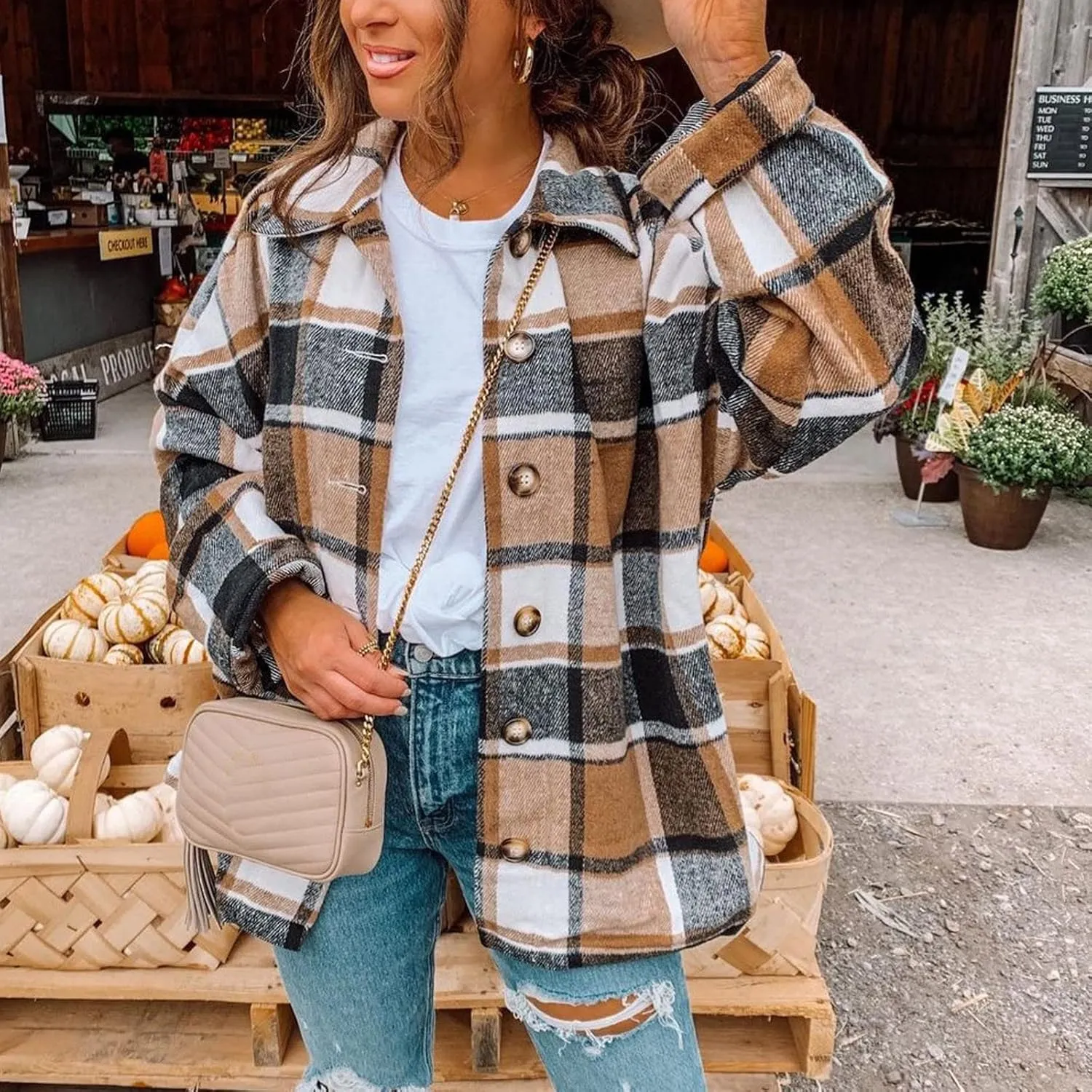 Women's Plus Size Flannel Plaid Shacket Jacket Button Down Long Sleeve Casual Coat Wool Blend Corduroy Coat