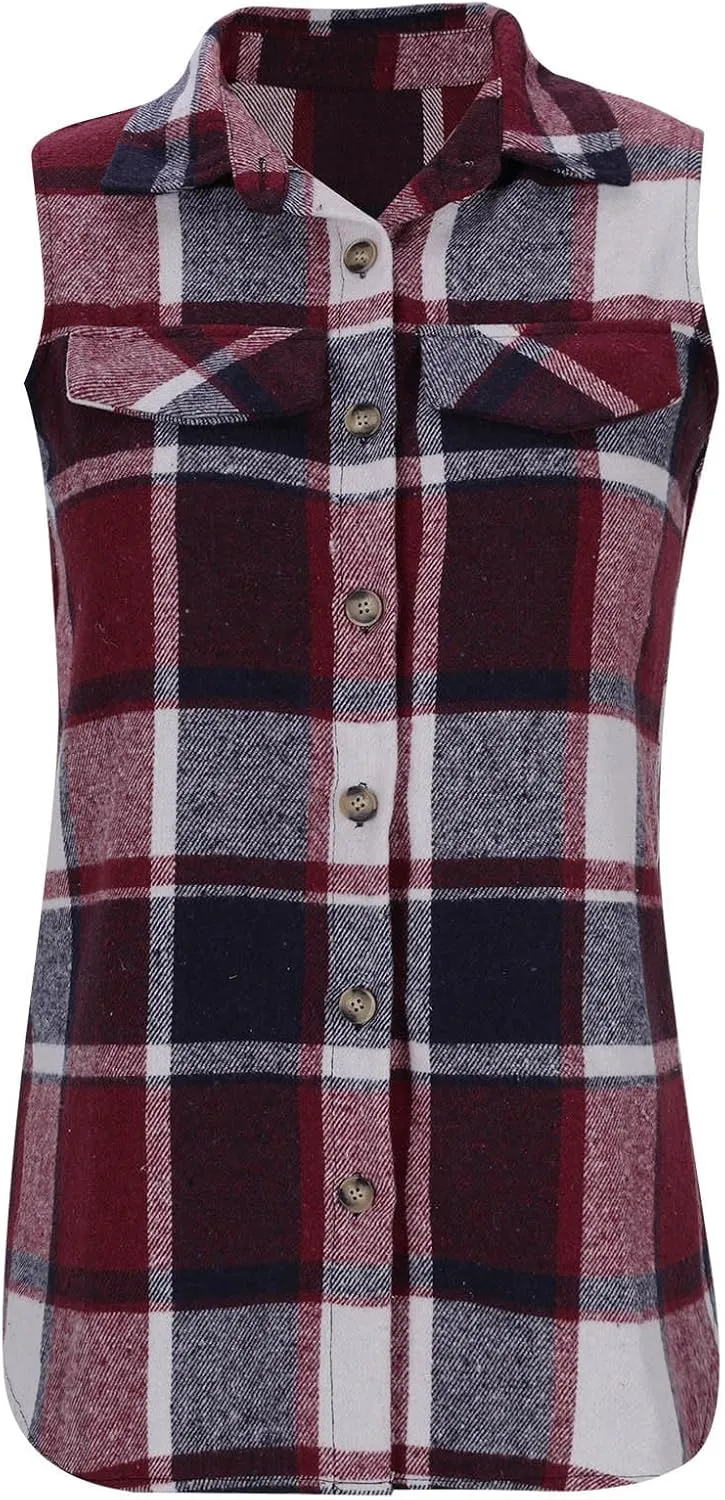 Womens Wool Blend Plaid Shacket Collared Winter Sleeveless Blazer Jackets Flannel Vest Long Button Down Cardigans