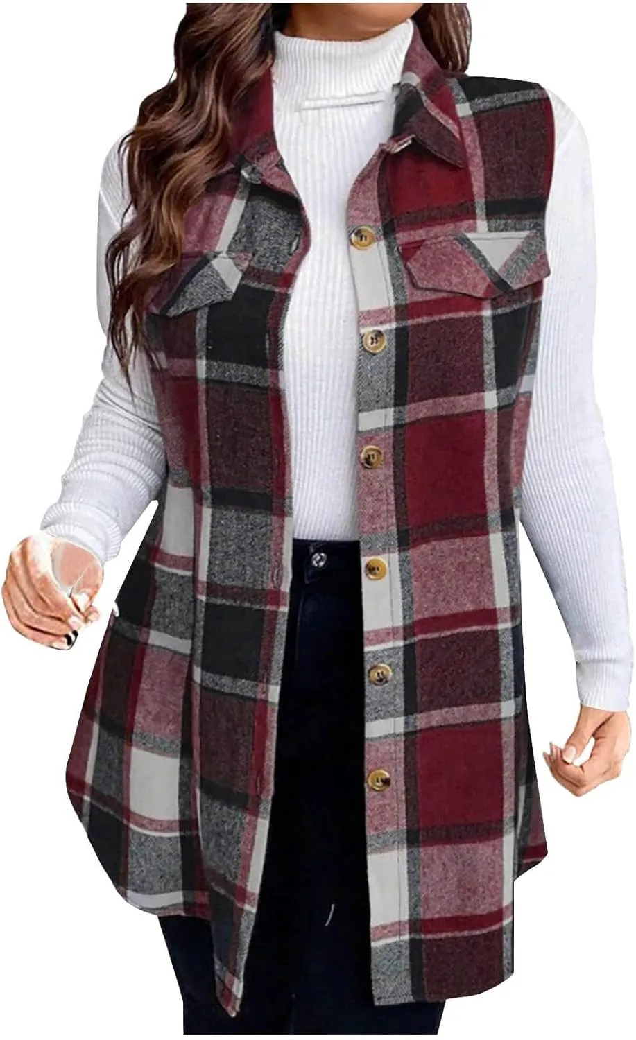 Womens Wool Blend Plaid Shacket Collared Winter Sleeveless Blazer Jackets Flannel Vest Long Button Down Cardigans