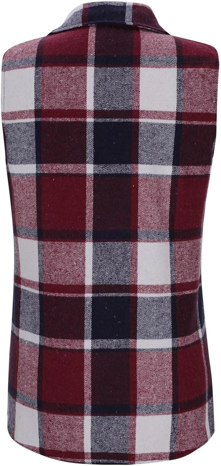 Womens Wool Blend Plaid Shacket Collared Winter Sleeveless Blazer Jackets Flannel Vest Long Button Down Cardigans