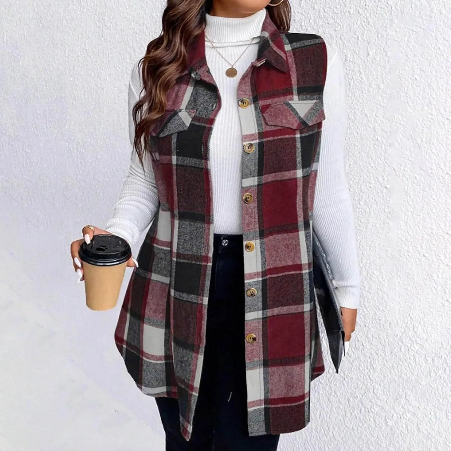 Womens Wool Blend Plaid Shacket Collared Winter Sleeveless Blazer Jackets Flannel Vest Long Button Down Cardigans